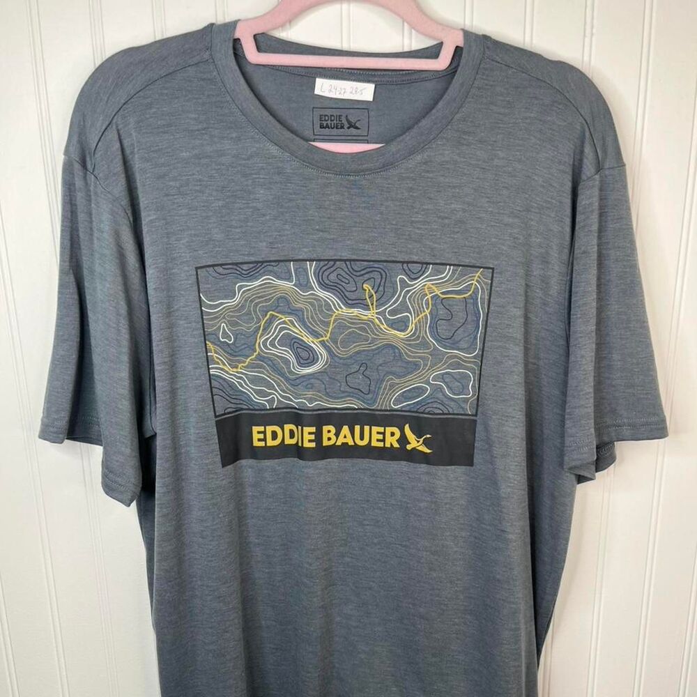 Eddie Bauer Heather Blue Topo Graphic Short Sleeve Tee with Yellow Accent